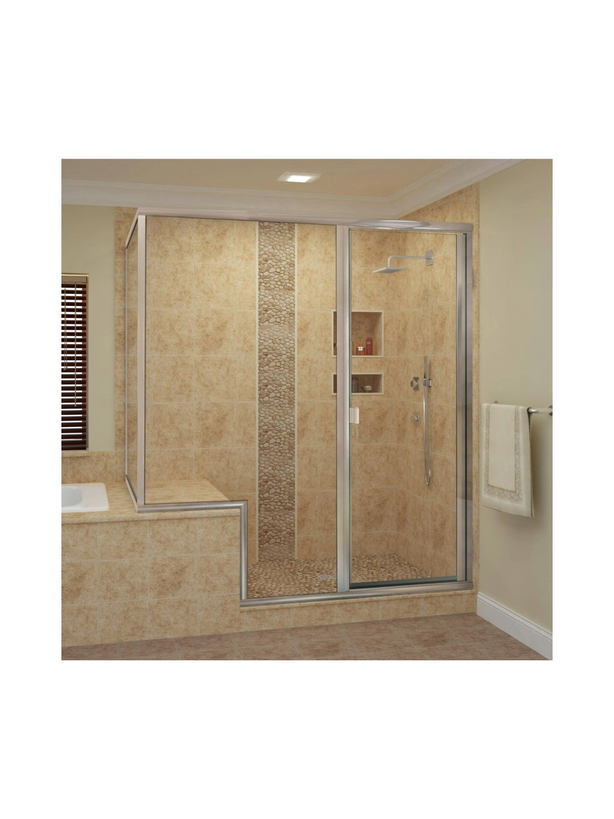 Semi-framed shower door with inline glass panel and 90 degree return enclosure installed in tiled bathroom