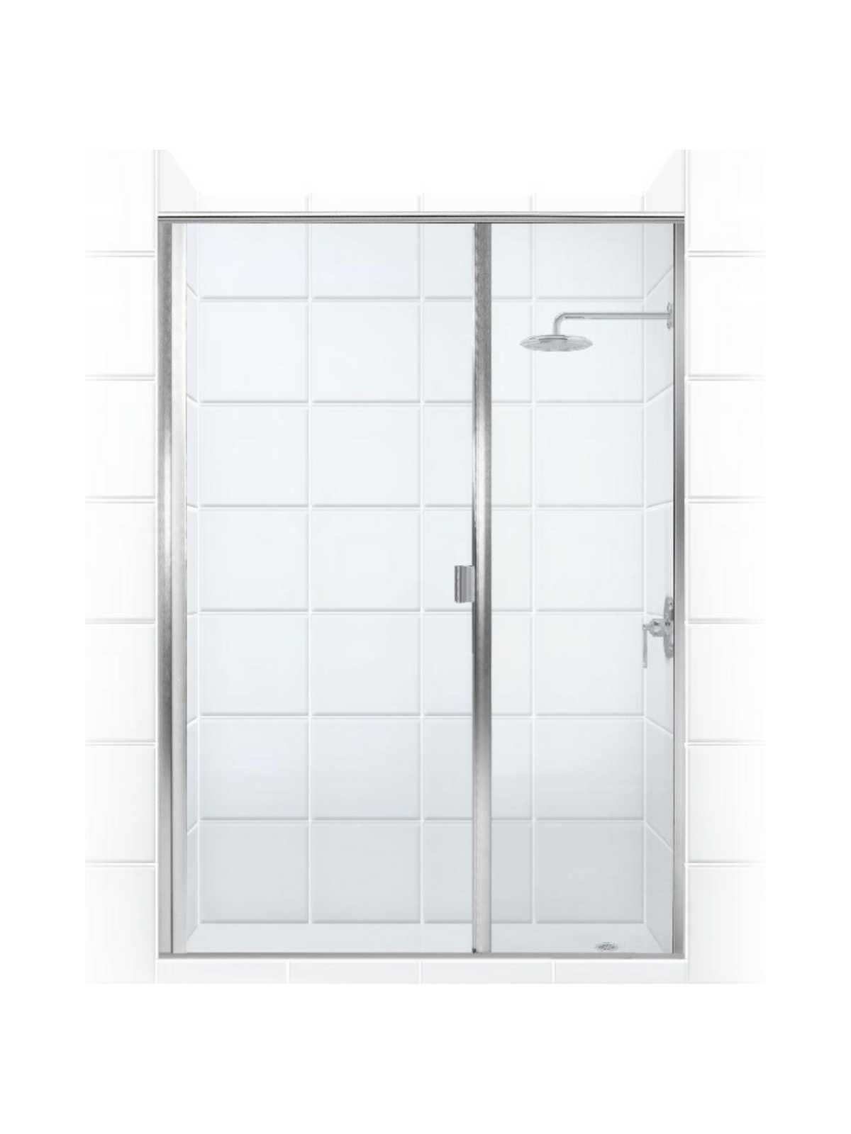 3/16 inch semi-frameless swing shower door with inline panel installed in a tiled bathroom