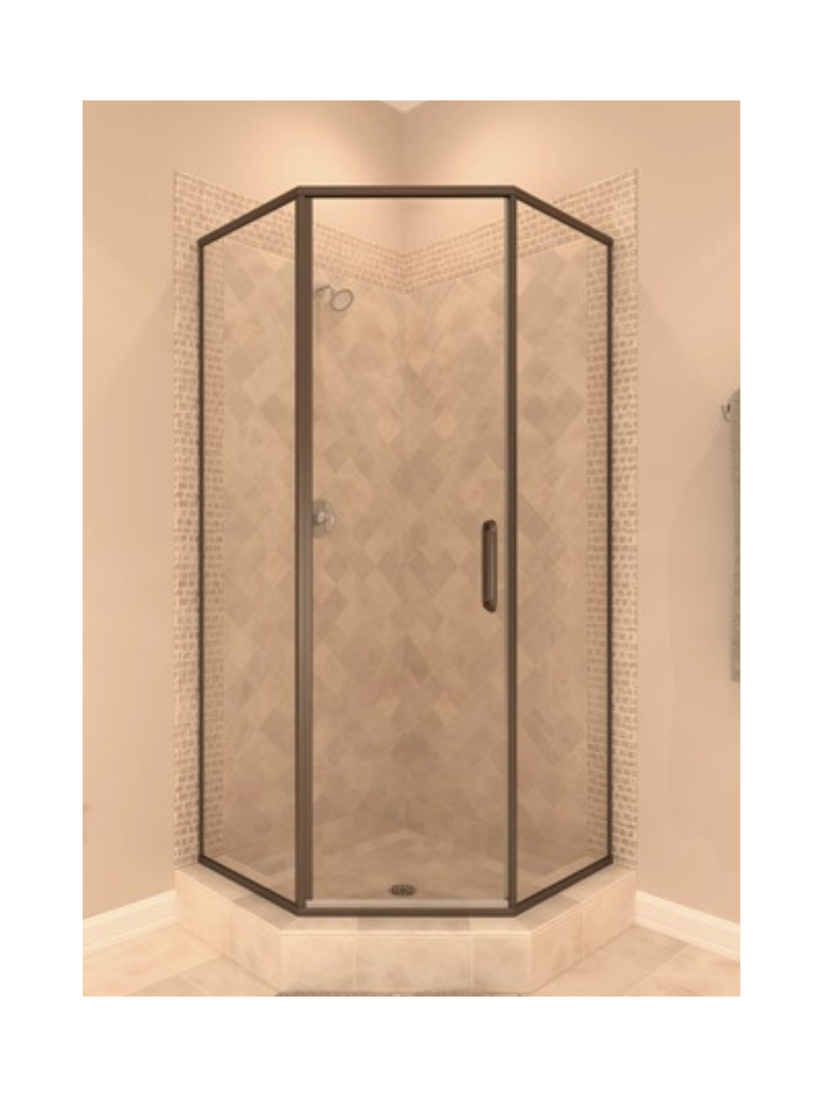 1/4 inch semi-frameless neo angle corner shower door with hinged glass door installed in bathroom