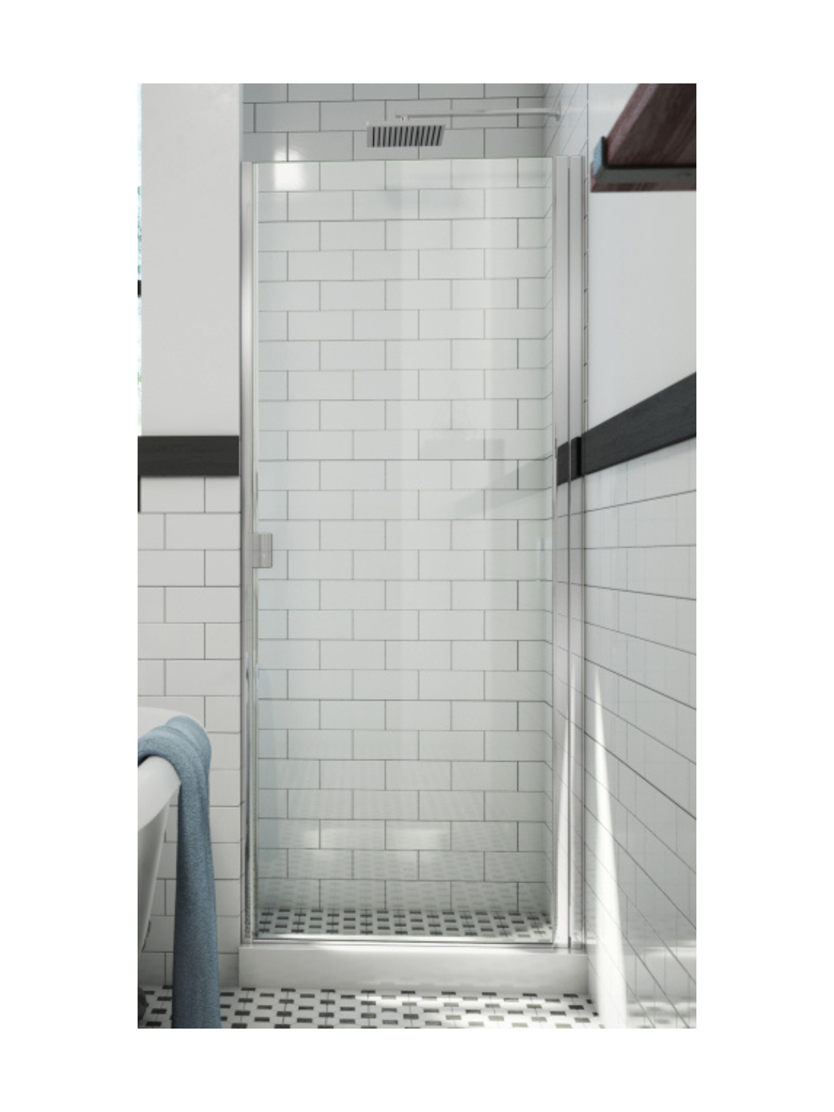 3/16 inch semi-frameless swing shower door with clear tempered glass and clamp-on handle installed in a tiled bathroom